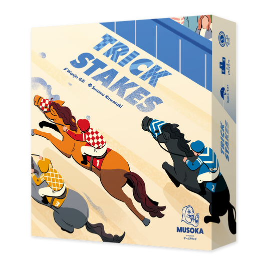 Trick Stakes cards and wooden horse pawns laid out on a table