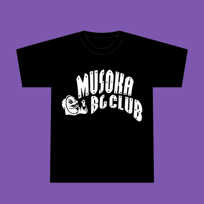 Musoka BG Club t-shirt in black and white, front view, 100% cotton