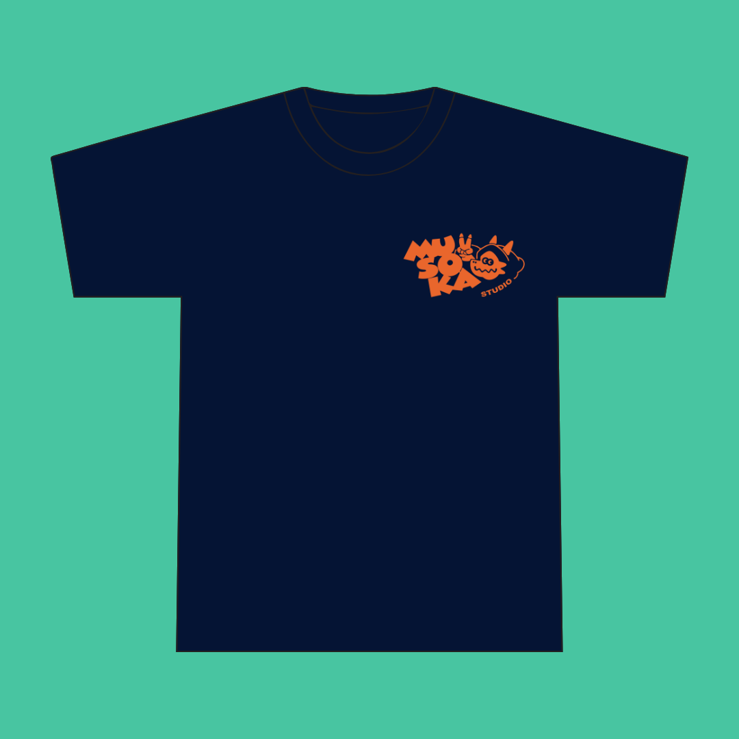 Musoka BG Club t-shirt in navy blue and orange, front view