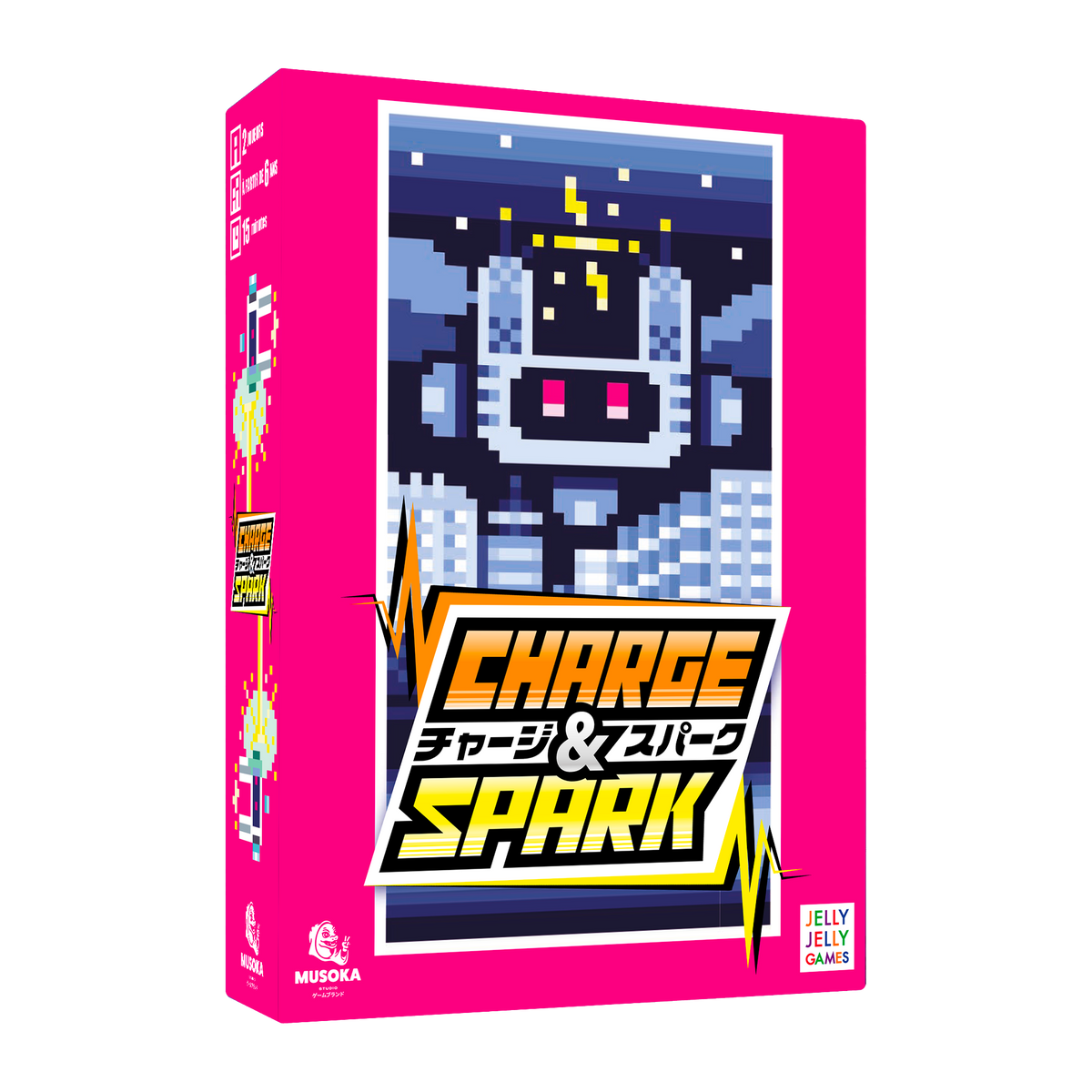 Charge & Spark card game box, 3D view — Musoka Studio robot duel