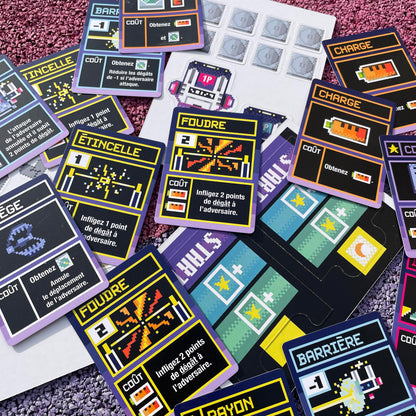 Close-up of Charge & Spark pixel-art robot illustrations