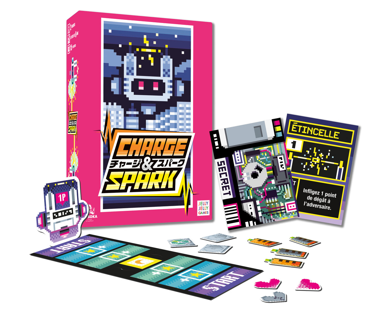 Charge & Spark box contents: cards and robot tokens