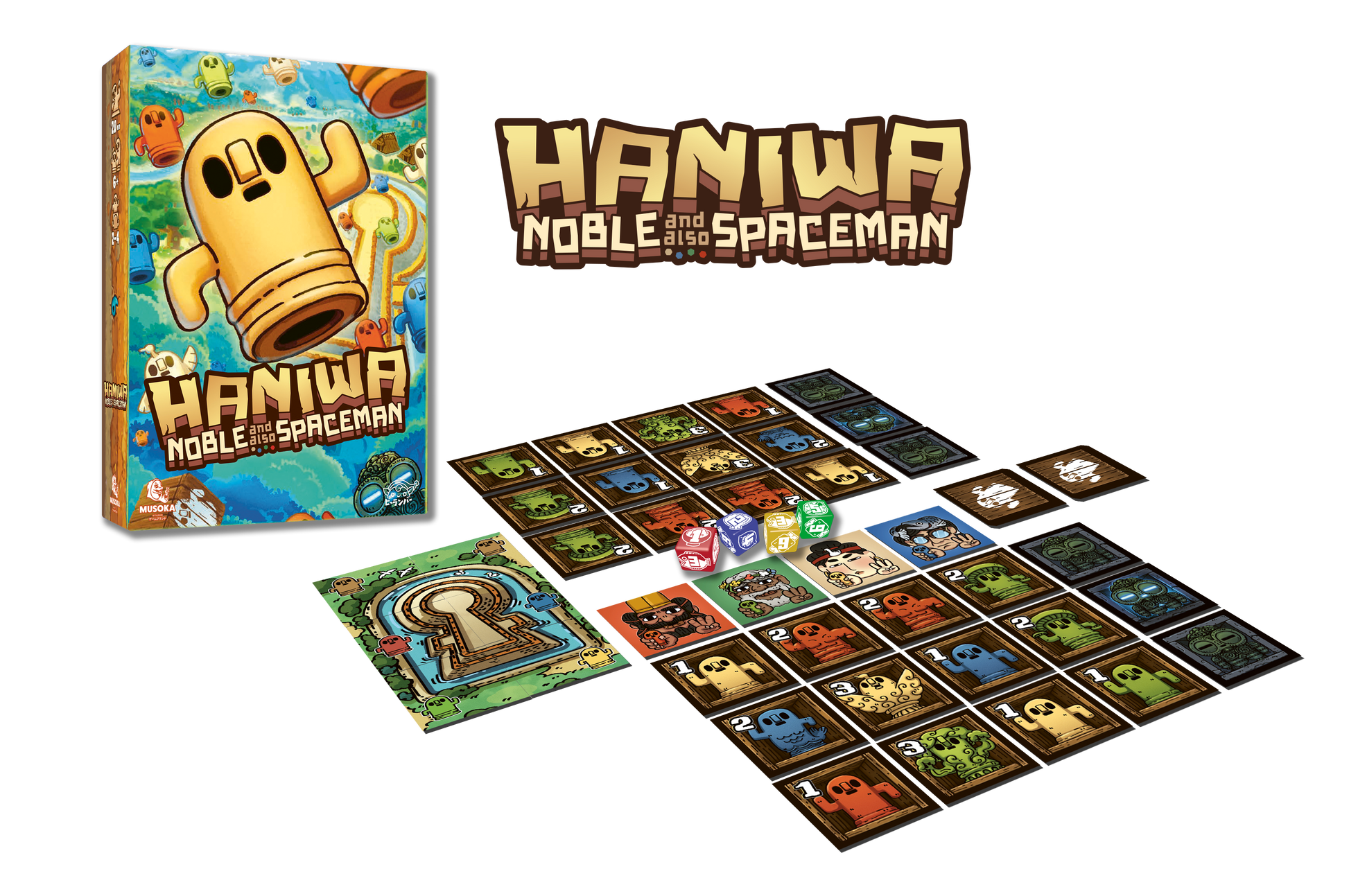 Haniwa box contents: 52 tiles, 4 dice and FR/EN rulebooks