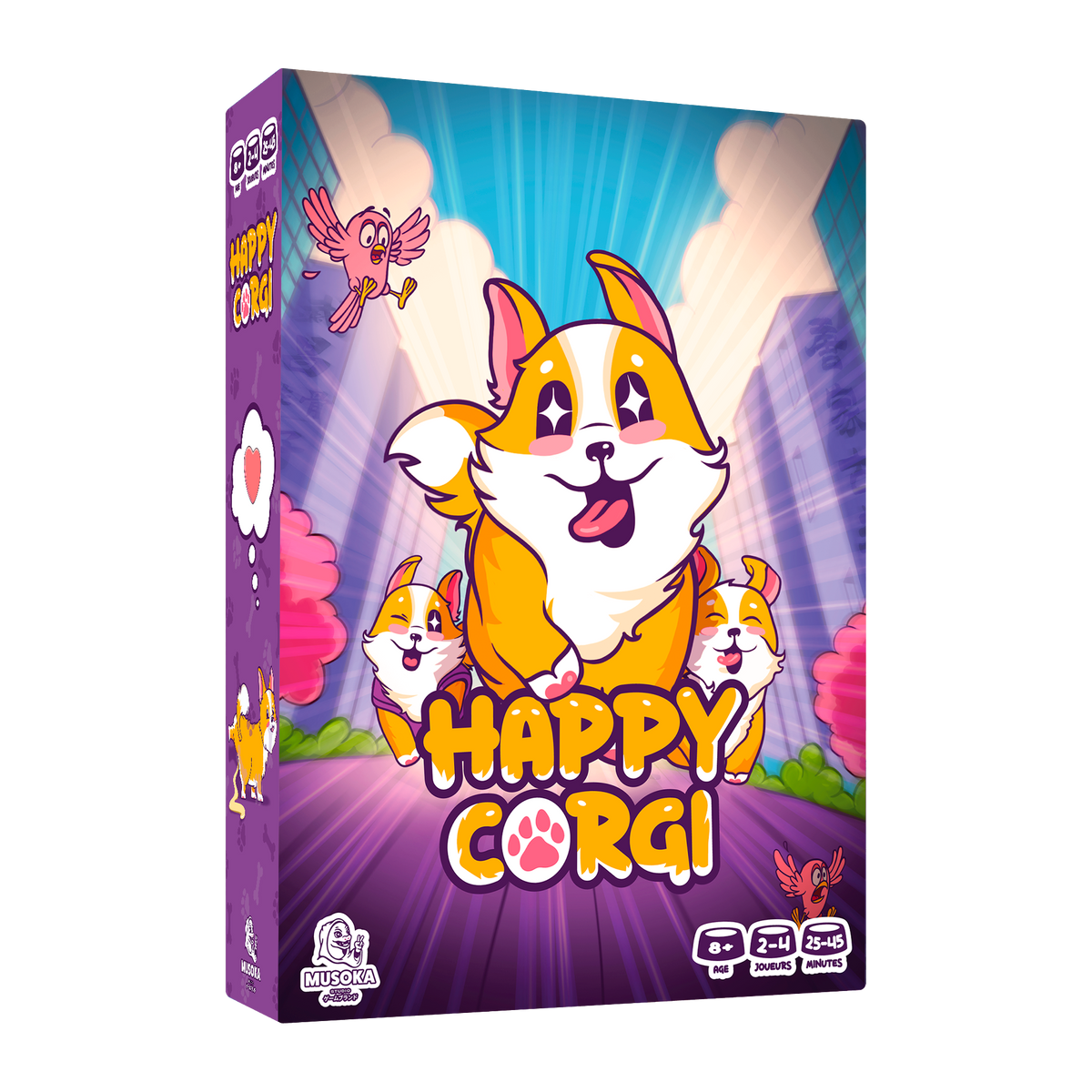 Happy Corgi card game box, 3D view — Musoka Studio family dog game
