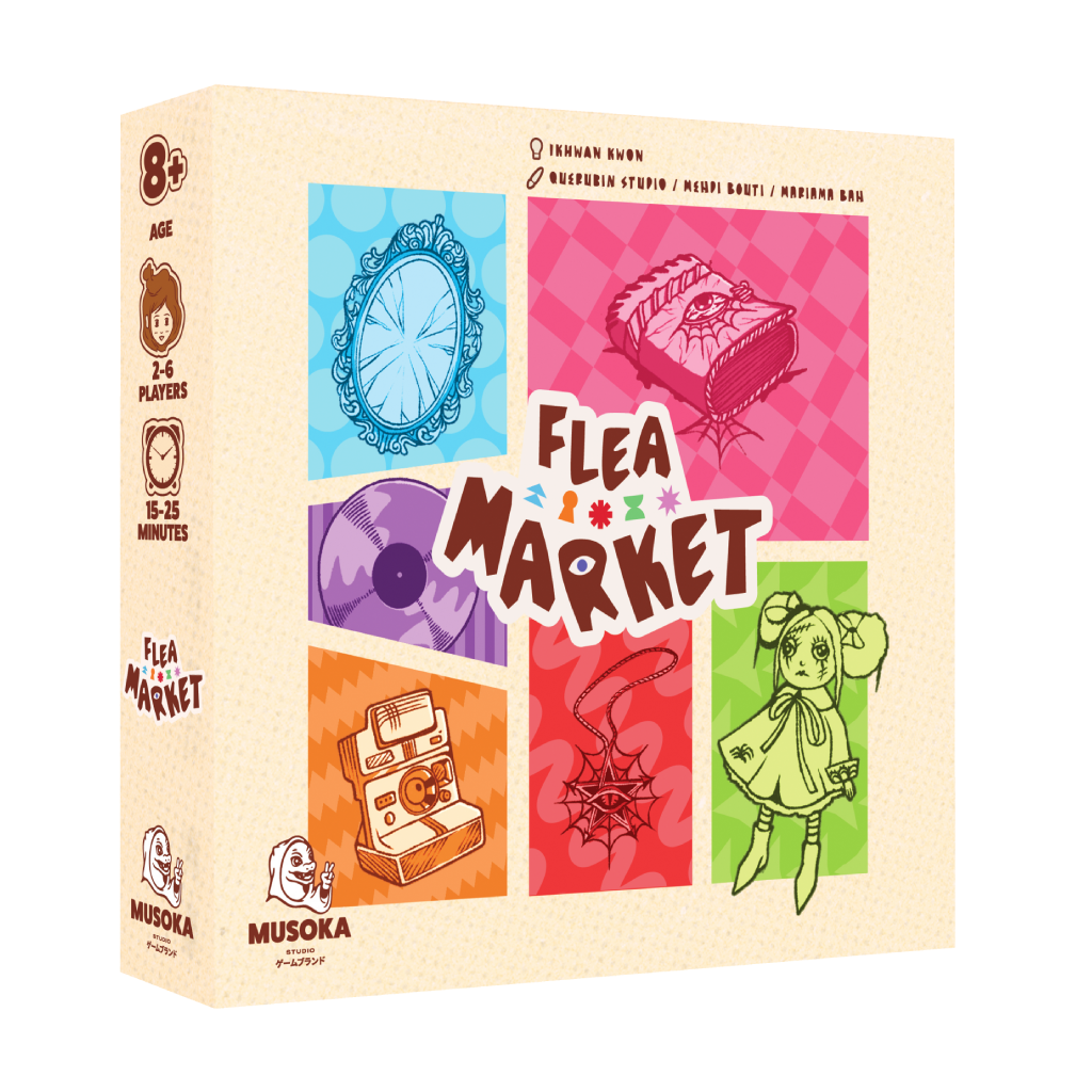 Flea Market card game box, 3D view — Musoka Studio push-your-luck game