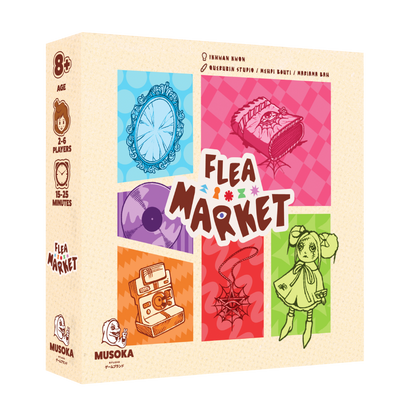 Flea Market card game box, 3D view — Musoka Studio push-your-luck game