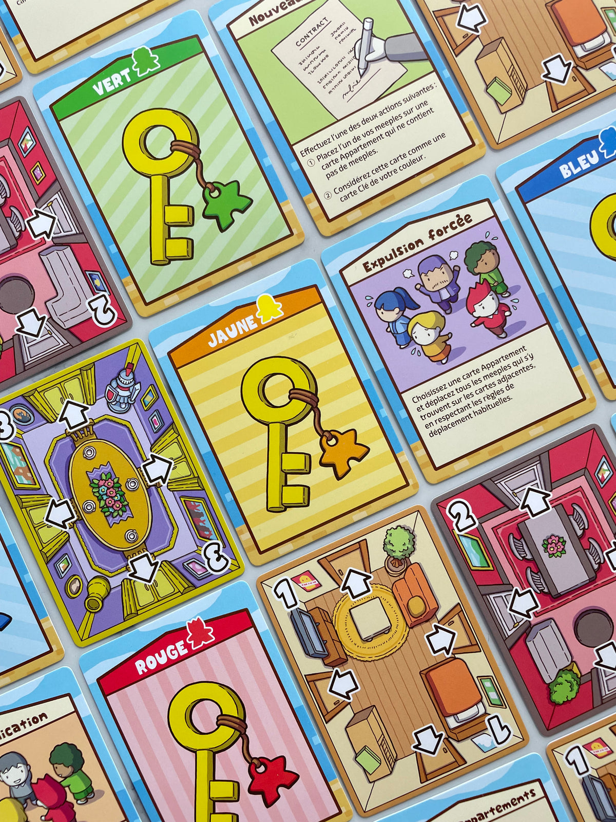 Room Share components: apartment tiles and roommate meeples