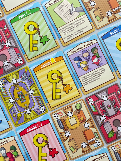 Room Share components: apartment tiles and roommate meeples