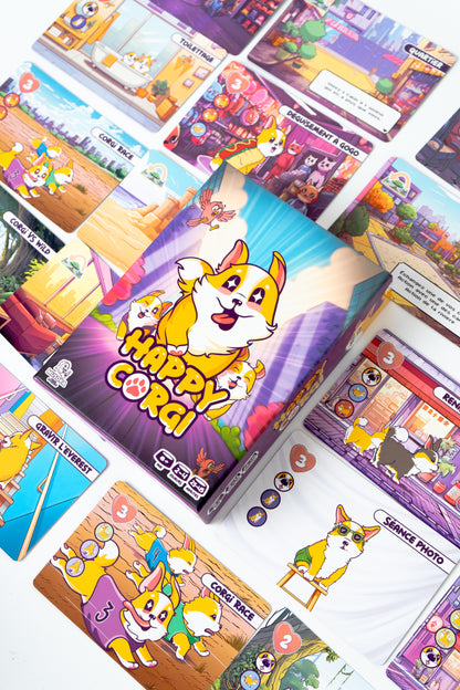 Happy Corgi cuddle tokens and action cards close-up