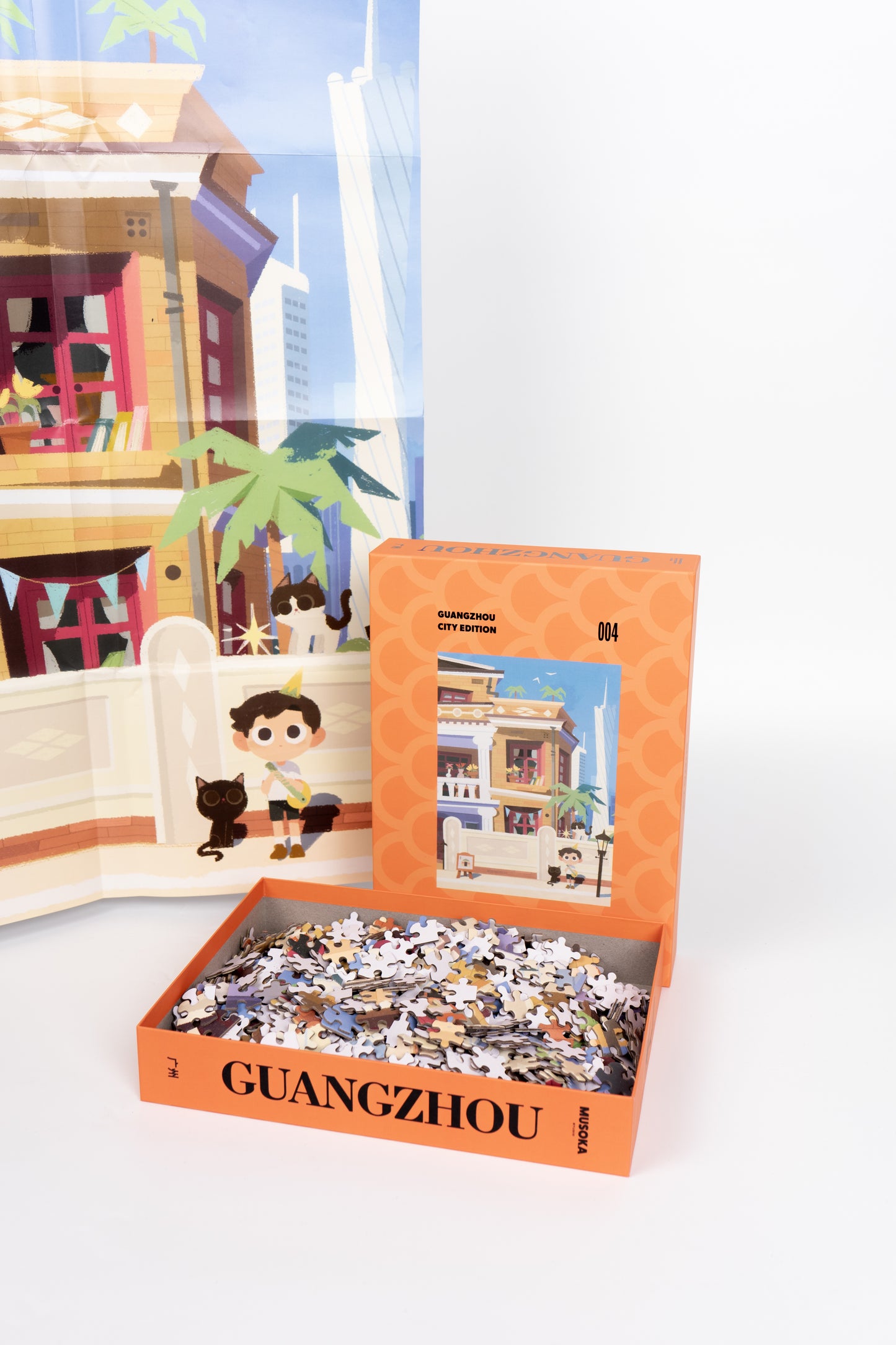 Detail of the Guangzhou puzzle artwork with the Pearl River and temples